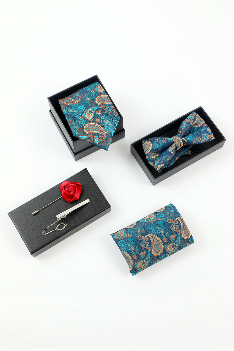 Laden Sie das Bild in den Galerie-Viewer, Blauer See Jacquard Herren 5-teiliges Accessoire-Set Krawatte und Fliege Tasche Quadratische Blume Anstecknadel Krawatte Clip