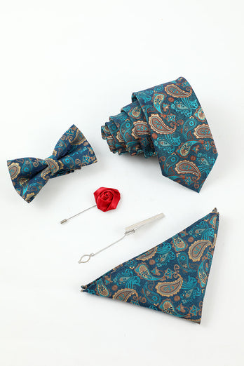 Blauer See Jacquard Herren 5-teiliges Accessoire-Set Krawatte und Fliege Tasche Quadratische Blume Anstecknadel Krawatte Clip