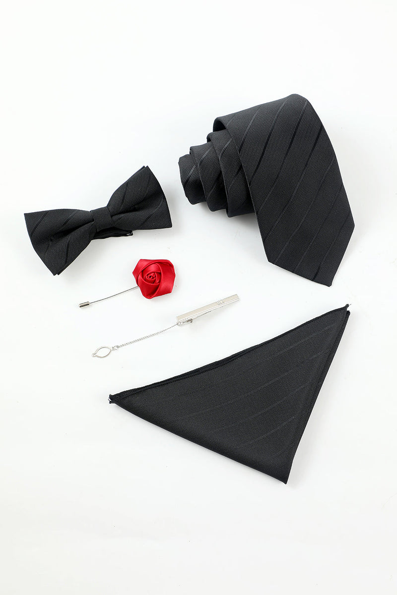 Laden Sie das Bild in den Galerie-Viewer, Schwarzer Streifen Herren 5-teiliges Accessoire-Set Krawatte und Fliege Tasche Quadratische Blume Anstecknadel Krawatte Clip