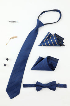 Königsblau Herren Accessoire Set Streifenkrawatte und Fliege Zwei Tasche Quadrat Anstecknadel Krawatte Clip Manschettenknöpfe