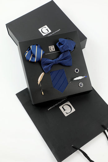 Königsblau Herren Accessoire Set Streifenkrawatte und Fliege Zwei Tasche Quadrat Anstecknadel Krawatte Clip Manschettenknöpfe