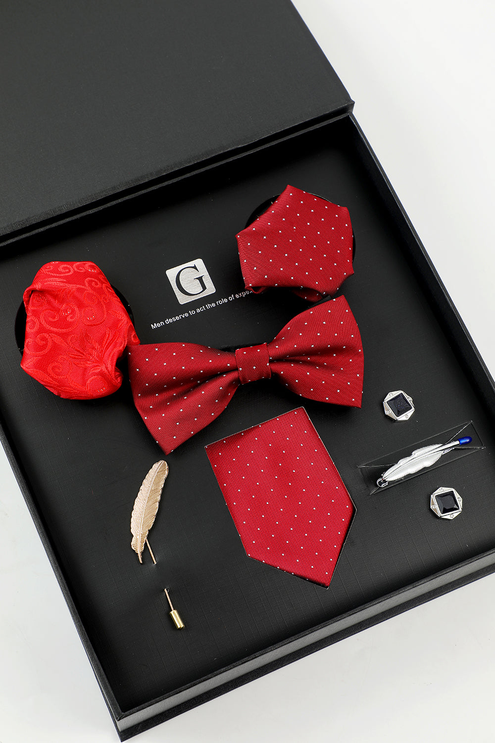 Rotes Herren Accessoire Set Krawatte und Fliege Zwei Tasche Quadrat Anstecknadel Krawatte Clip Manschettenknöpfe