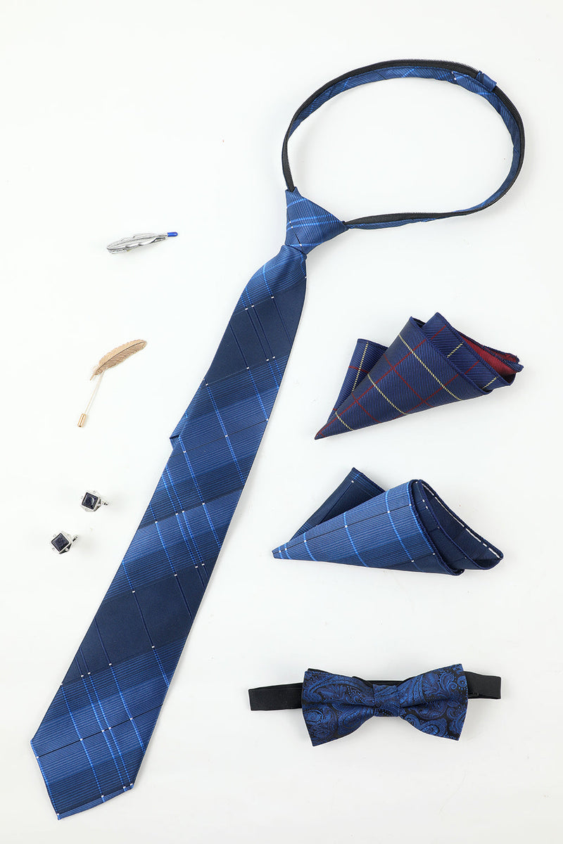 Laden Sie das Bild in den Galerie-Viewer, Königsblau Herren Accessoire Set Krawatte und Jacquard Fliege Zwei Tasche Quadrat Anstecknadel Krawatte Clip Manschettenknöpfe