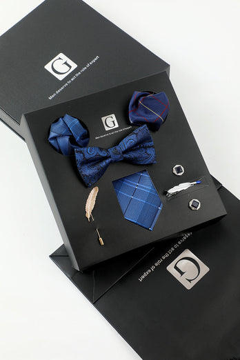 Königsblau Herren Accessoire Set Krawatte und Jacquard Fliege Zwei Tasche Quadrat Anstecknadel Krawatte Clip Manschettenknöpfe