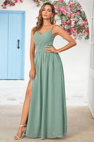 Laden Sie das Bild in den Galerie-Viewer, Chiffon Spaghetti Träger Eukalyptus Brautjungfer Kleid
