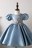 Laden Sie das Bild in den Galerie-Viewer, Puffärmel Blaues Blumenmädchenkleid mit Applikationen