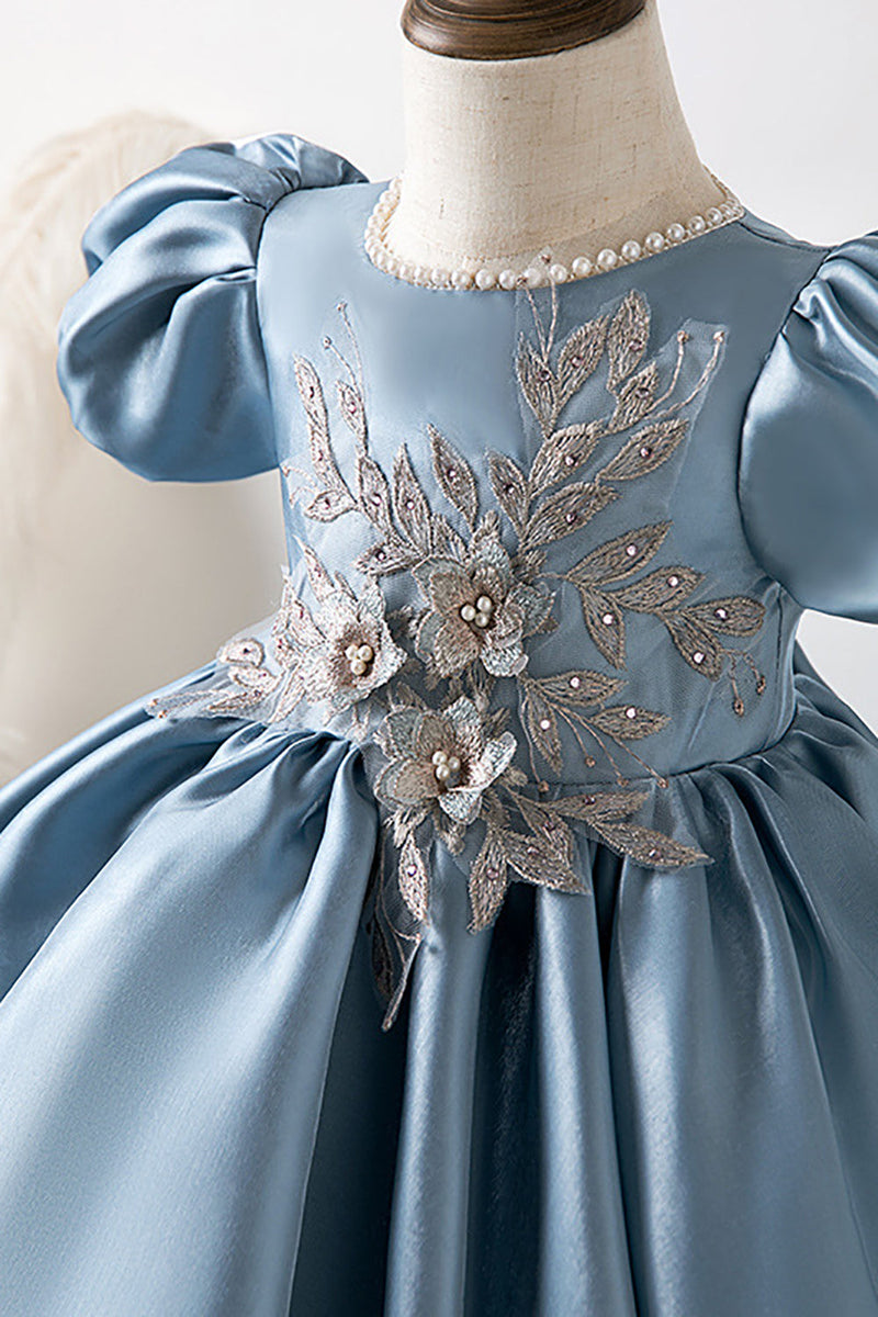 Laden Sie das Bild in den Galerie-Viewer, Puffärmel Blaues Blumenmädchenkleid mit Applikationen