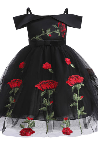 Kalte Schulter Schwarzes Blumenmädchenkleid mit Stickerei
