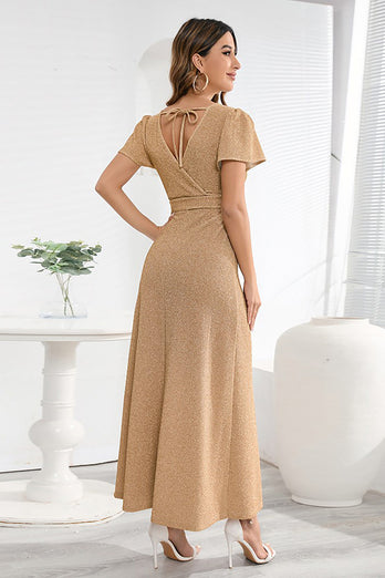 A Linie V-Ausschnitt Gold Langes Hochzeitsgast Party Kleid mit Gürtel