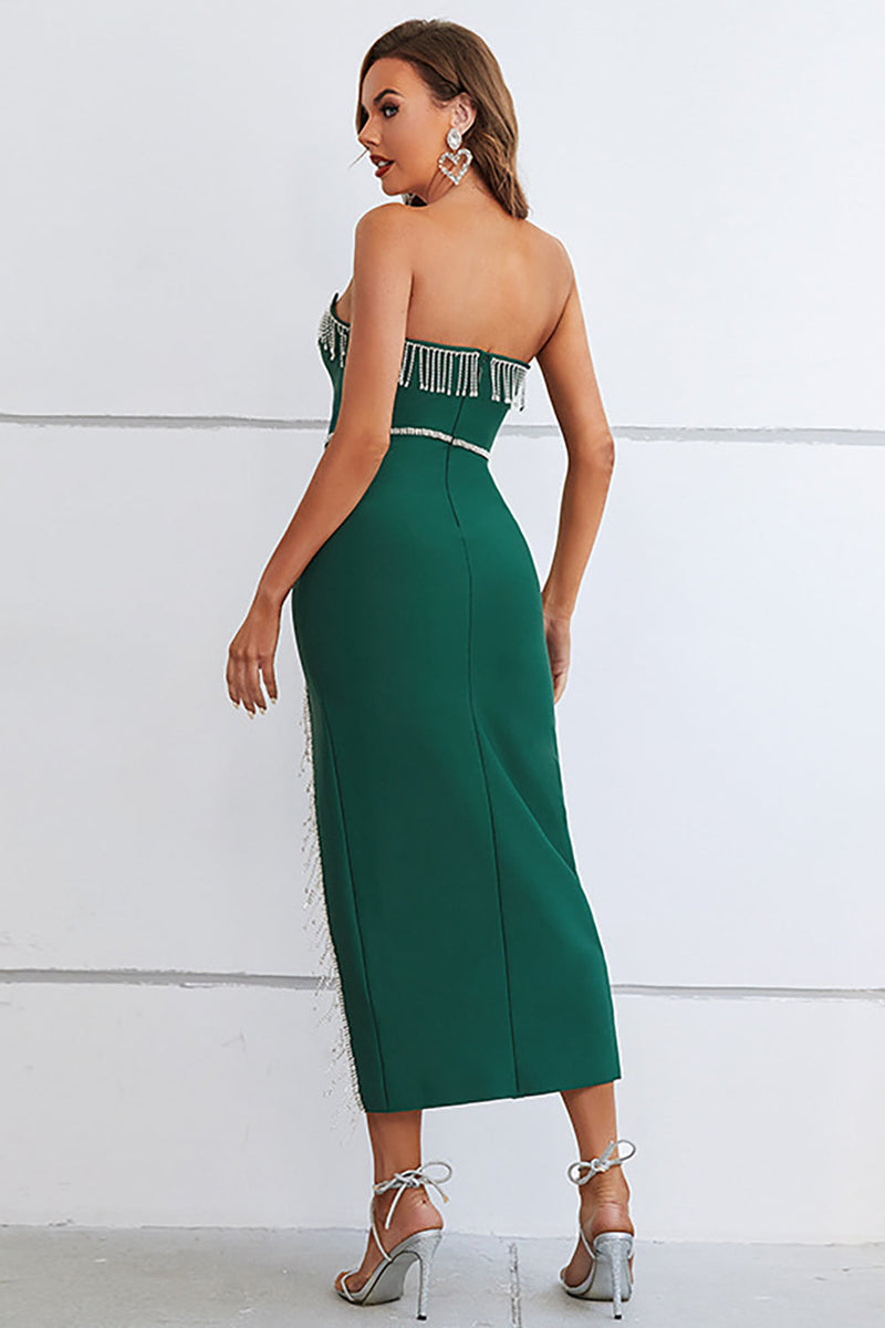 Laden Sie das Bild in den Galerie-Viewer, Dunkelgrünes trägerloses Semi-Formal-Kleid mit Schlitz