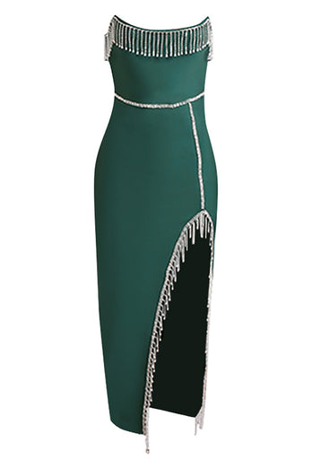 Dunkelgrünes trägerloses Semi-Formal-Kleid mit Schlitz