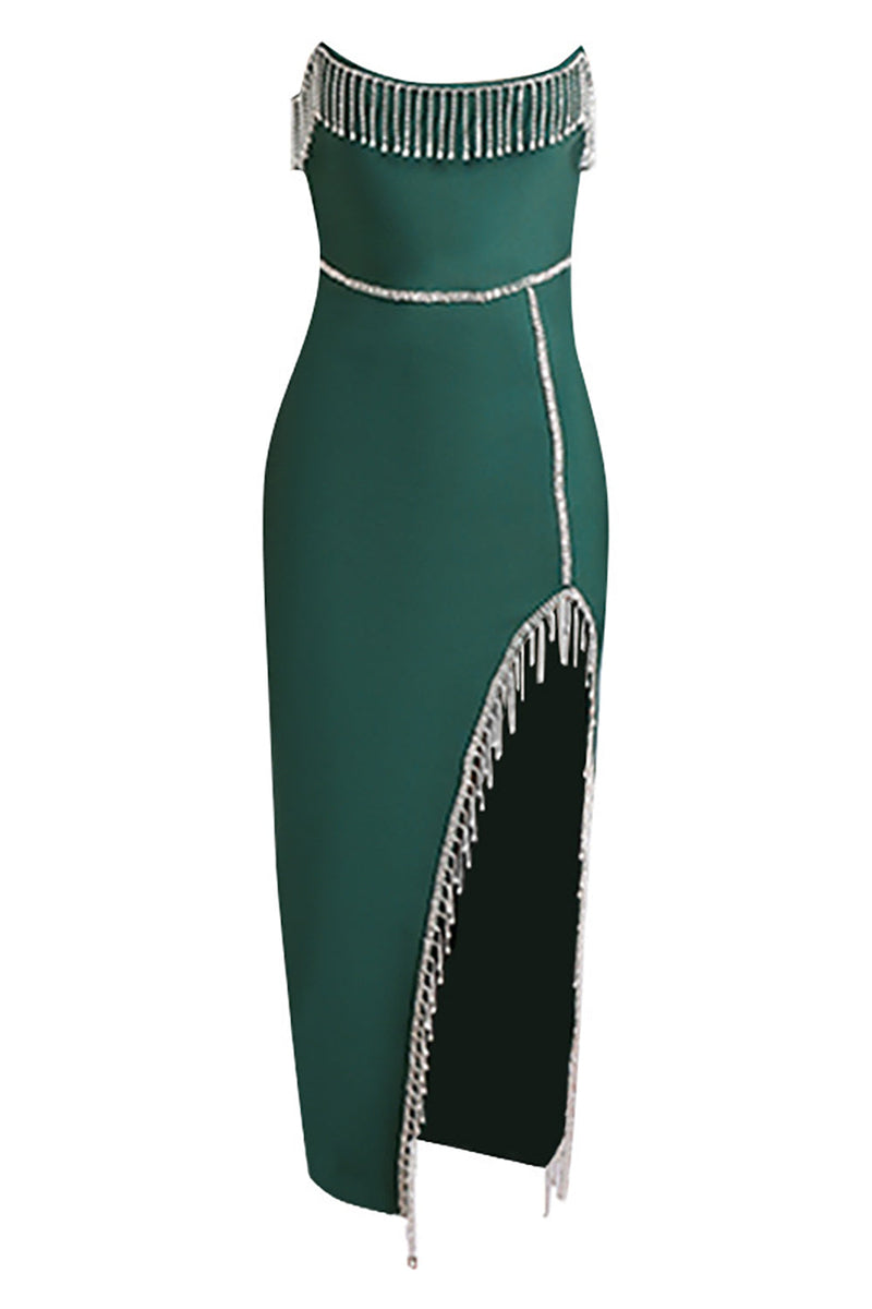 Laden Sie das Bild in den Galerie-Viewer, Dunkelgrünes trägerloses Semi-Formal-Kleid mit Schlitz