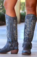 Laden Sie das Bild in den Galerie-Viewer, Blau bestickte Cowgirl Boho Mid Calf Stiefel