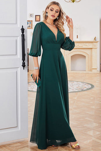 Dunkelgrünes A-Linien Kleid mit langen Ärmeln und V-Ausschnitt der Brautmutter