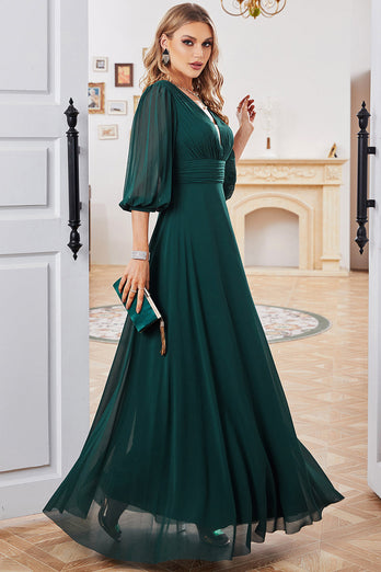 Dunkelgrünes A-Linien Kleid mit langen Ärmeln und V-Ausschnitt der Brautmutter