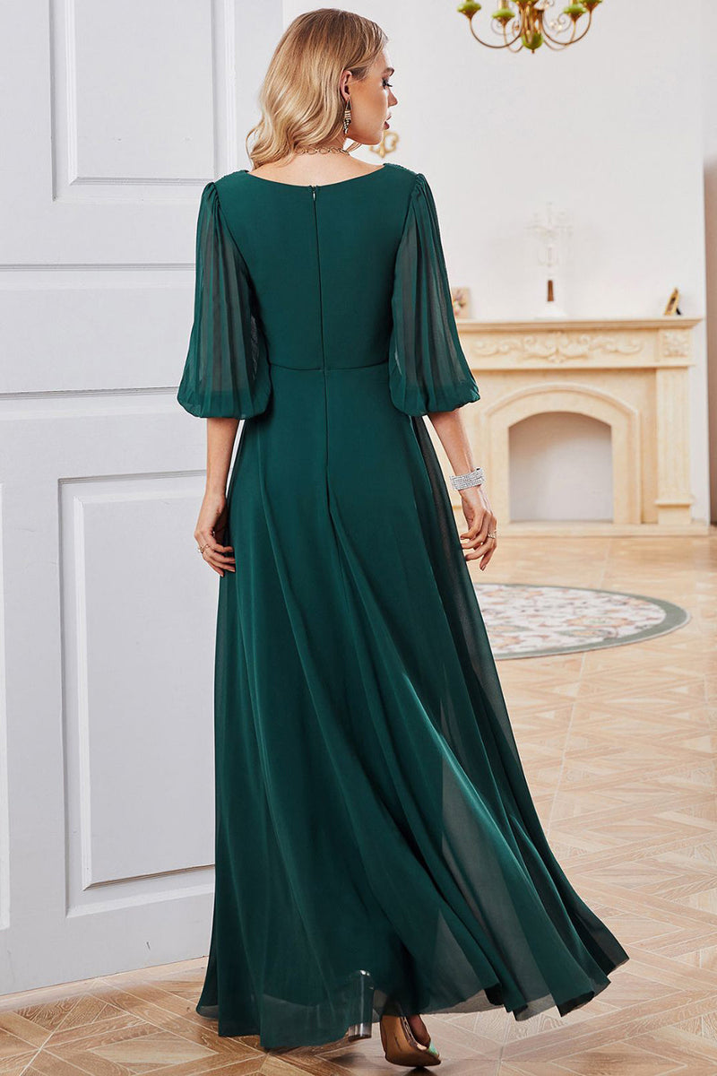 Laden Sie das Bild in den Galerie-Viewer, Dunkelgrünes A-Linien Kleid mit langen Ärmeln und V-Ausschnitt der Brautmutter
