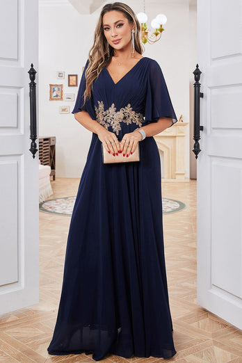 Marineblaues A-Linien Chiffon Kleid mit V-Ausschnitt und kurzen Ärmeln Mutter der Braut