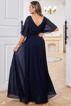 Marineblaues A-Linien Chiffon Kleid mit V-Ausschnitt und kurzen Ärmeln Mutter der Braut