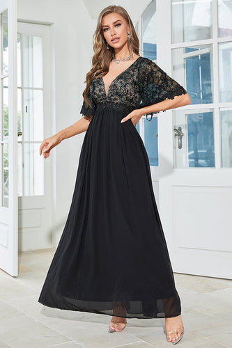 Schwarzes A-Linien Kleid mit tiefem V-Ausschnitt und kurzen Ärmeln Brautmutterkleid