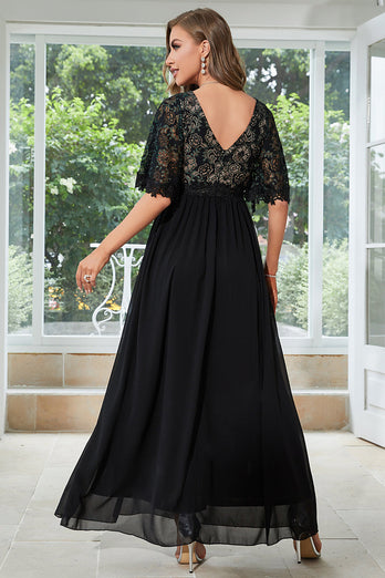 Schwarzes A-Linien Kleid mit tiefem V-Ausschnitt und kurzen Ärmeln Brautmutterkleid