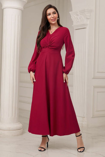 Burgunderrotes Abendkleid in A-Linie mit V-Ausschnitt und langen Ärmeln