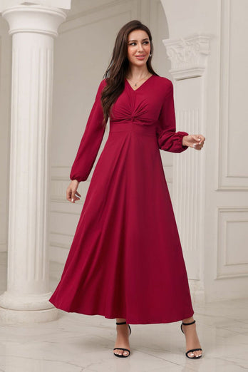 Burgunderrotes Abendkleid in A-Linie mit V-Ausschnitt und langen Ärmeln