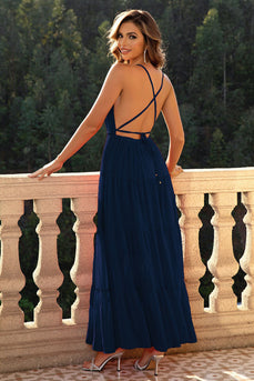 Marineblaues Abendkleid mit tiefem V-Ausschnitt und rückenfreiem Rücken