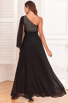 Glitzerndes schwarzes Abendkleid mit einer Schulter und Pailletten