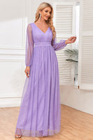 Laden Sie das Bild in den Galerie-Viewer, A-Linie Langärmeliges flieder Abendkleid mit Schlitz