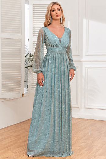 Blaues Abendkleid mit Pailletten in A-Linie und langen Ärmeln