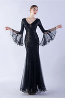 Laden Sie das Bild in den Galerie-Viewer, Dunkelgrünes Paillettenkleid mit V-Ausschnitt und langen Ärmeln