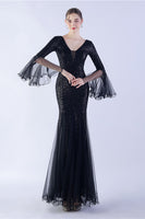 Laden Sie das Bild in den Galerie-Viewer, Dunkelgrünes Paillettenkleid mit V-Ausschnitt und langen Ärmeln