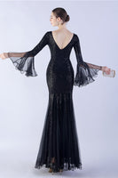 Laden Sie das Bild in den Galerie-Viewer, Dunkelgrünes Paillettenkleid mit V-Ausschnitt und langen Ärmeln