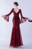 Laden Sie das Bild in den Galerie-Viewer, Dunkelgrünes Paillettenkleid mit V-Ausschnitt und langen Ärmeln