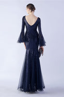 Laden Sie das Bild in den Galerie-Viewer, Dunkelgrünes Paillettenkleid mit V-Ausschnitt und langen Ärmeln