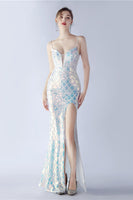 Laden Sie das Bild in den Galerie-Viewer, Burgunderrotes V-Ausschnitt Spaghettiträger Pailletten Kleid mit Schlitz