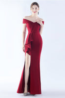 Laden Sie das Bild in den Galerie-Viewer, Marineblaues schulterfreies Meerjungfrauen Kleid mit Schlitz