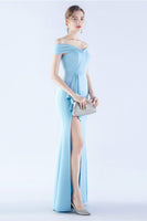 Laden Sie das Bild in den Galerie-Viewer, Marineblaues schulterfreies Meerjungfrauen Kleid mit Schlitz