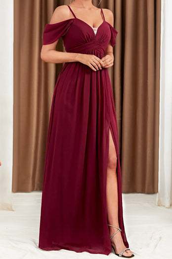 A-Linie Kalte Schulter burgunderrotes Abendkleid mit Schlitz