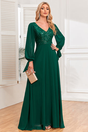 Dunkelgrünes A-Linie Kleid mit V-Ausschnitt und Pailletten