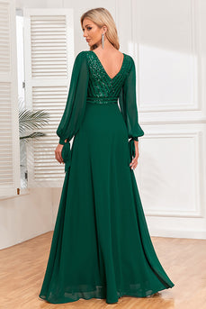 Dunkelgrünes A-Linie Kleid mit V-Ausschnitt und Pailletten
