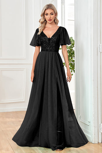 Schwarzes A-Linie Kleid mit V-Ausschnitt und Pailletten