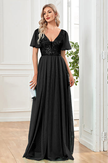 Schwarzes A-Linie Kleid mit V-Ausschnitt und Pailletten