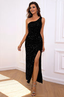 Laden Sie das Bild in den Galerie-Viewer, Meerjungfrau Dunkelgrünes Eine Schulter Pailletten Ballkleid mit Schlitz