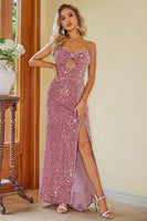 Laden Sie das Bild in den Galerie-Viewer, Schwarzes Meerjungfrauen Spaghettiträger Pailletten Ballkleid mit Schlitz