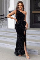 Laden Sie das Bild in den Galerie-Viewer, Schwarzes Meerjungfrauen Paillettenkleid mit Pailletten und Schlitz