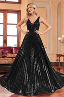 Laden Sie das Bild in den Galerie-Viewer, Glitzerndes schwarzes Ballkleid in A-Linie mit Pailletten