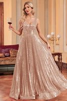 Laden Sie das Bild in den Galerie-Viewer, Glitzerndes schwarzes Ballkleid in A-Linie mit Pailletten