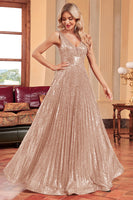 Laden Sie das Bild in den Galerie-Viewer, Glitzerndes schwarzes Ballkleid in A-Linie mit Pailletten