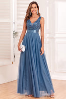 Laden Sie das Bild in den Galerie-Viewer, Blaues Ballkleid in A-Linie mit V-Ausschnitt